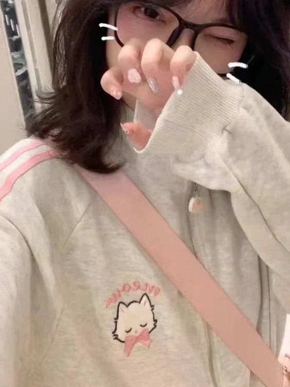 Harajuku Cat Embroidery Oversized Hoodie